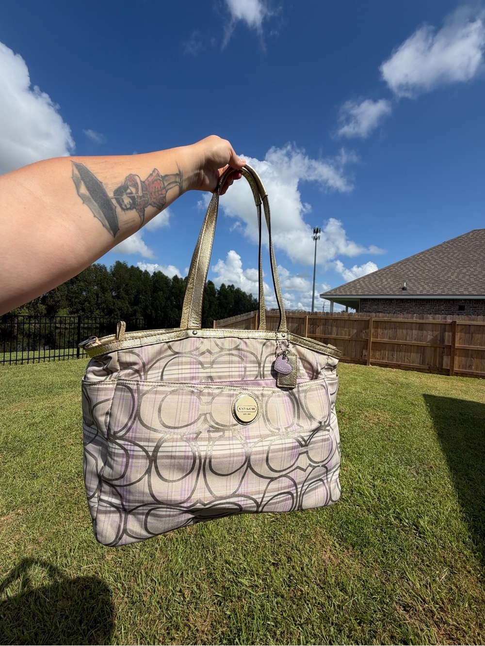 Vintage Coach Plaid Diaper Bag Tote Set (Lavender & Gold)